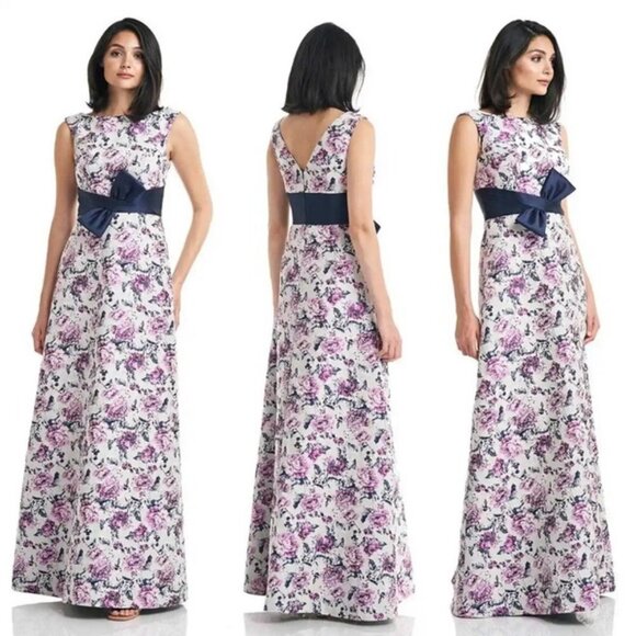 Kay Unger Magenta Navy Selena Sleeveless Bow Floral Gown